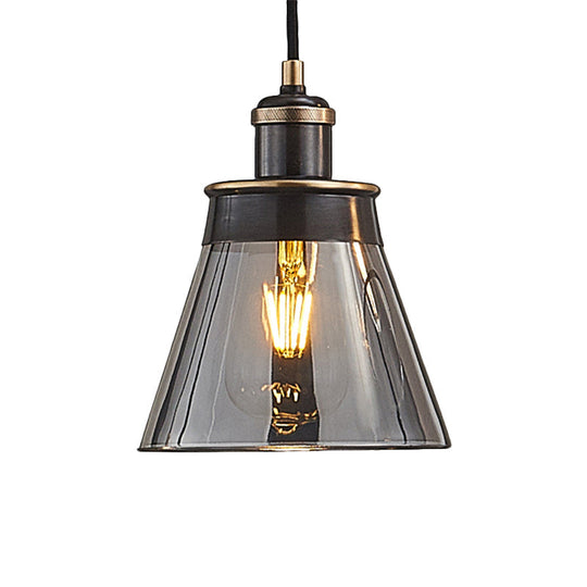 Industrial Brass Pendant Light with Clear/Amber/Smoked Glass Cone - Indoor Hanging Lamp