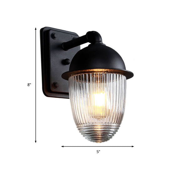 Industrial Ribbed Glass Black Sconce Light Thick Jelly Jar Wall Lamp 1-Light Fixture 5/6 Wide