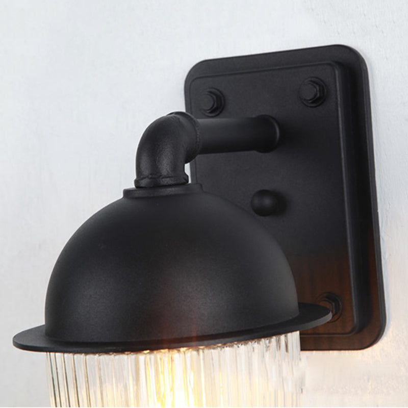 Industrial Ribbed Glass Black Sconce Light Thick Jelly Jar Wall Lamp 1-Light Fixture 5/6 Wide