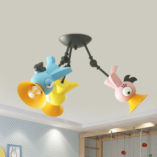 Cartoon Bird Pendant Ceiling Light for Children's Room - 3-Light Pink/Blue/Yellow Metal Hanging Fixture