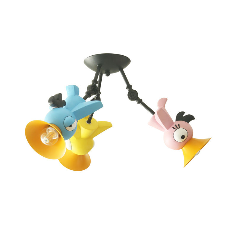 Cartoon Bird Pendant Ceiling Light for Children's Room - 3-Light Pink/Blue/Yellow Metal Hanging Fixture