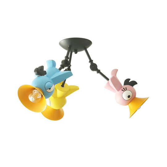 Cartoon Bird Pendant Ceiling Light For Childrens Room - 3-Light Pink/Blue/Yellow Metal Hanging