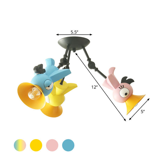 Cartoon Bird Pendant Ceiling Light For Childrens Room - 3-Light Pink/Blue/Yellow Metal Hanging