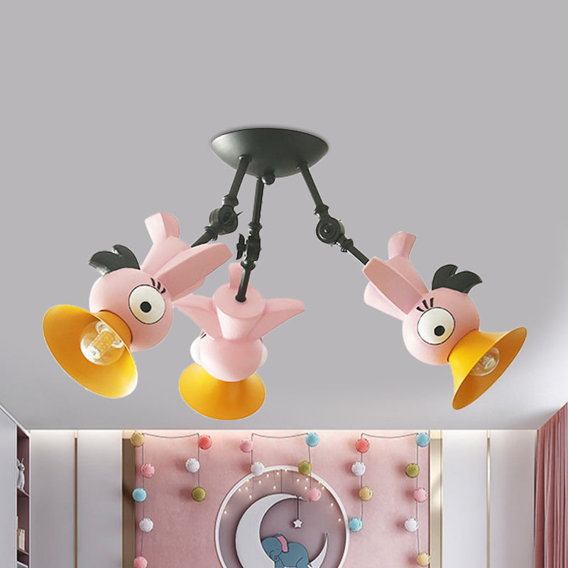 Cartoon Bird Pendant Ceiling Light For Childrens Room - 3-Light Pink/Blue/Yellow Metal Hanging