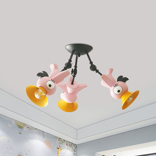 Cartoon Bird Pendant Ceiling Light For Childrens Room - 3-Light Pink/Blue/Yellow Metal Hanging