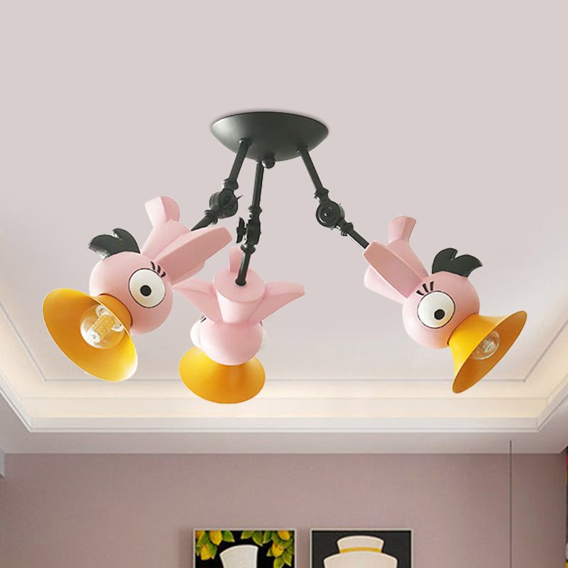 Cartoon Bird Pendant Ceiling Light for Children's Room - 3-Light Pink/Blue/Yellow Metal Hanging Fixture