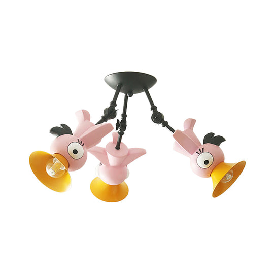 Cartoon Bird Pendant Ceiling Light For Childrens Room - 3-Light Pink/Blue/Yellow Metal Hanging