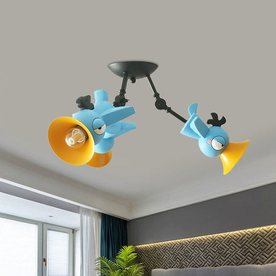 Cartoon Bird Pendant Ceiling Light For Childrens Room - 3-Light Pink/Blue/Yellow Metal Hanging