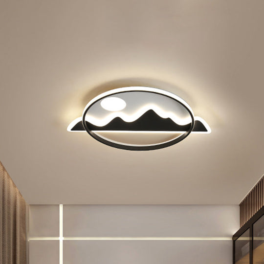 Modern Black Flush Ceiling Lamp with LED, Mountain and Sun Pattern - Perfect for Living Rooms