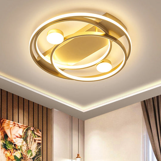 Gold Metallic LED Bedroom Ceiling Light Fixture - Contemporary Crossing Ring Design (16"/19.5" Width)