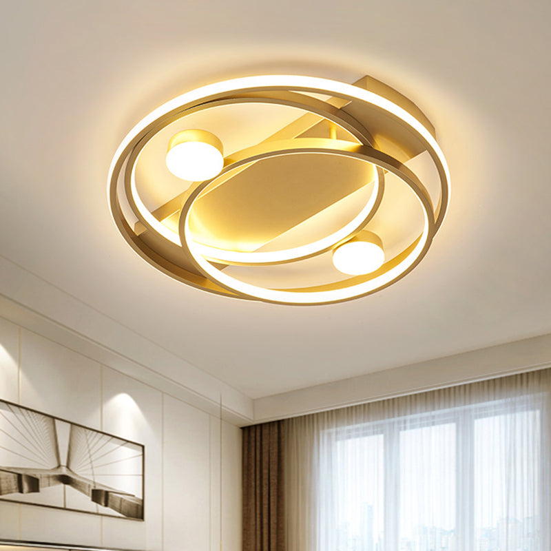 Gold Metallic LED Bedroom Ceiling Light Fixture - Contemporary Crossing Ring Design (16"/19.5" Width)