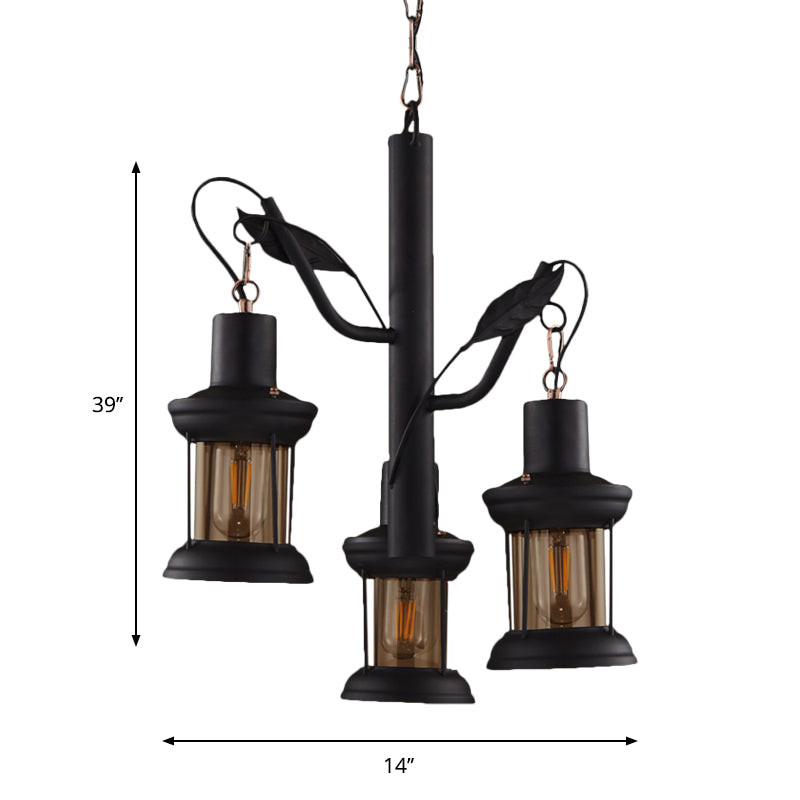 Black Tree Design Chandelier - 3 Head Kerosene Lamp Pendant with Clear Glass