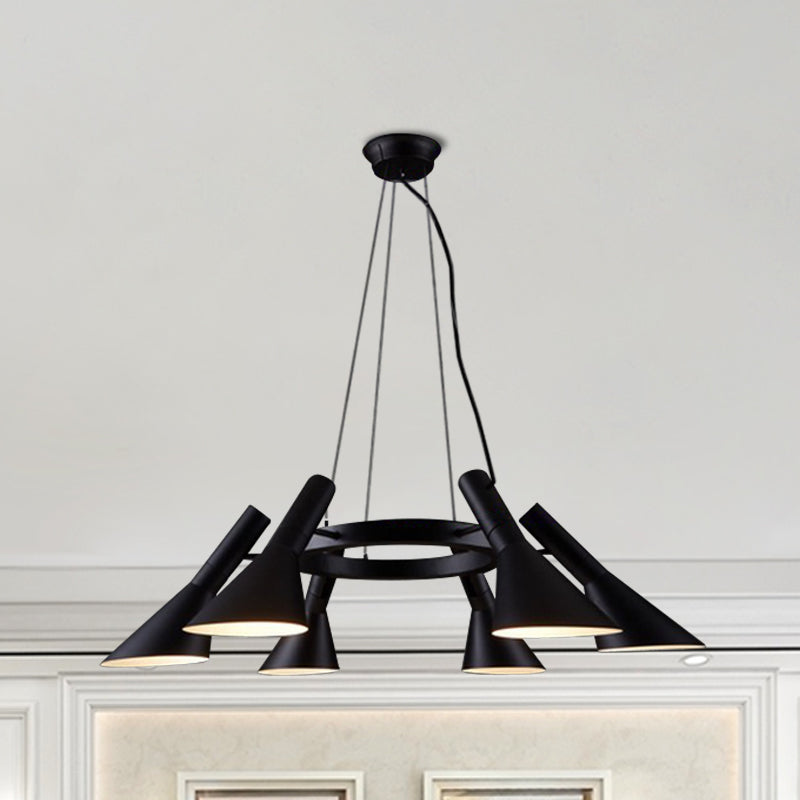 Farmhouse Black 6-Bulb Chandelier with Metal Flared Ring Design - Stylish Suspension Lighting for Bedroom