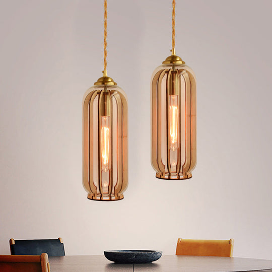 Amber Glass Industrial Hanging Lamp with Gold Suspension – Single Bulb | Capsule/Dome Dining Room Pendant Light