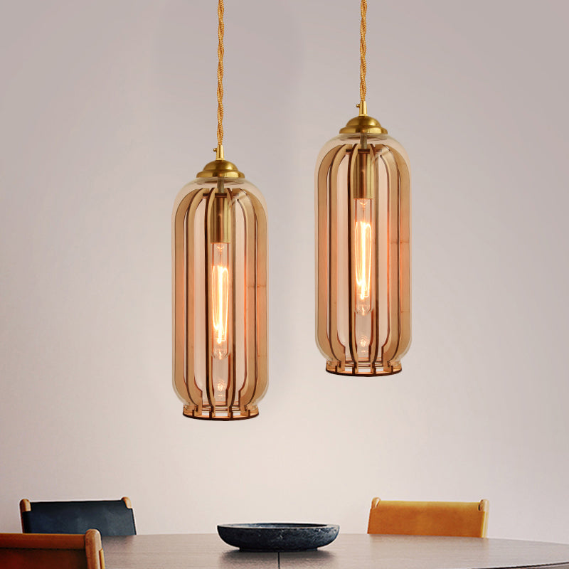 Industrial Amber Glass Hanging Lamp With Stranded Rope And Gold Suspension - Perfect For Dining