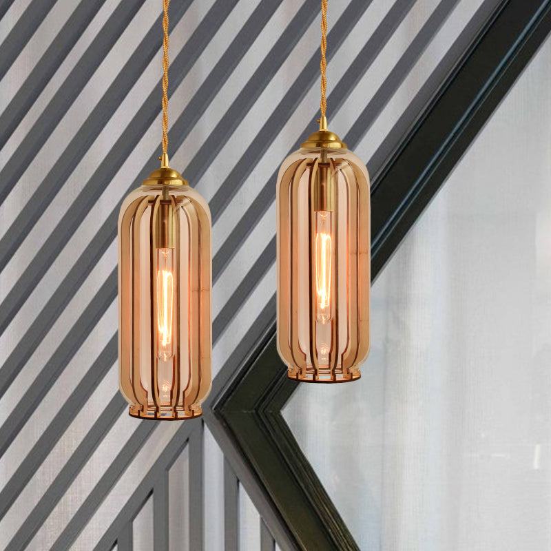 Amber Glass Industrial Hanging Lamp with Gold Suspension – Single Bulb | Capsule/Dome Dining Room Pendant Light