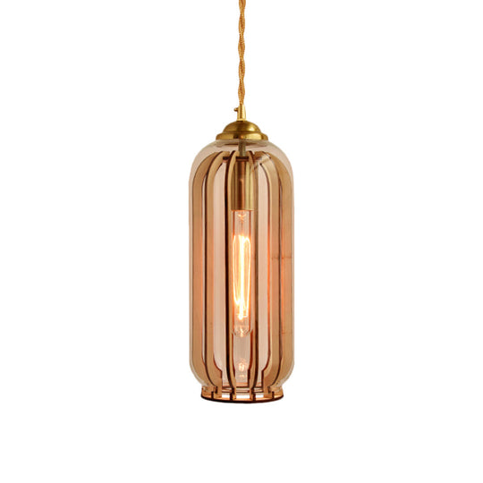 Amber Glass Industrial Hanging Lamp with Gold Suspension – Single Bulb | Capsule/Dome Dining Room Pendant Light