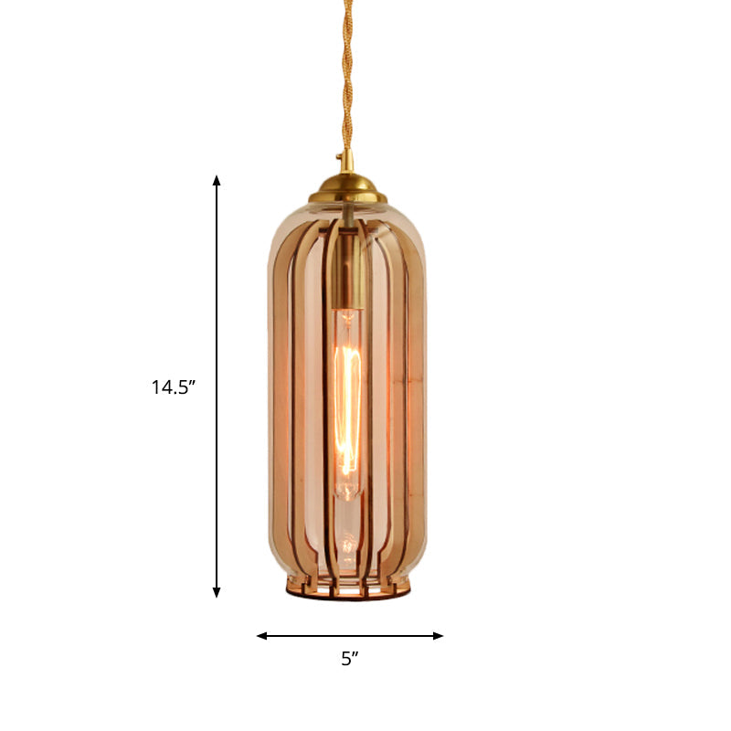 Amber Glass Industrial Hanging Lamp with Gold Suspension – Single Bulb | Capsule/Dome Dining Room Pendant Light