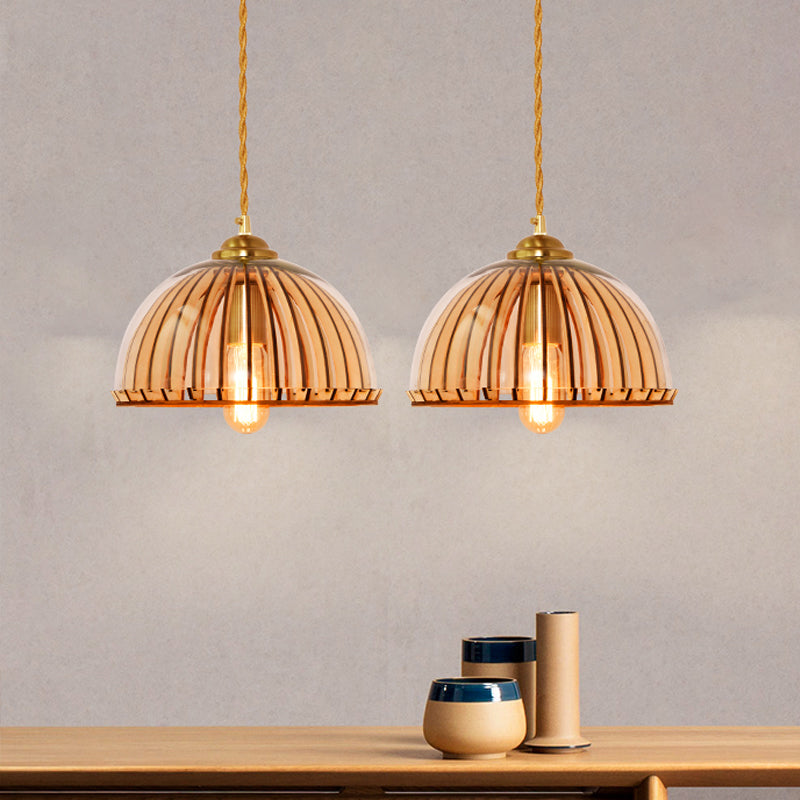 Amber Glass Industrial Hanging Lamp with Gold Suspension – Single Bulb | Capsule/Dome Dining Room Pendant Light