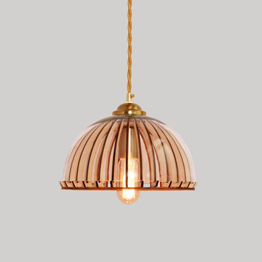 Amber Glass Industrial Hanging Lamp with Gold Suspension – Single Bulb | Capsule/Dome Dining Room Pendant Light