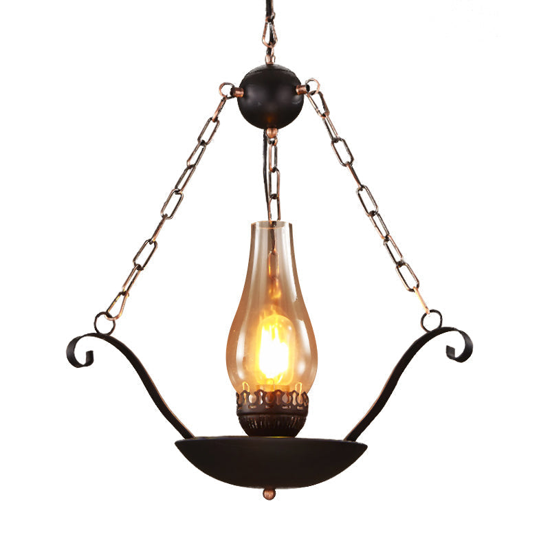 Pendulum Lamp: Cup Shape Restaurant Warehouse Clear Glass Suspension Lighting Fixture - Sleek Black Chain Design, 1-Bulb