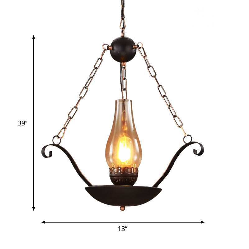 Pendulum Lamp: Cup Shape Restaurant Warehouse Clear Glass Suspension Lighting Fixture - Sleek Black Chain Design, 1-Bulb