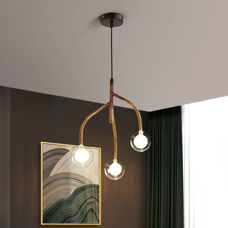 Clear Glass Beige Pendulum Chandelier With Vine Design - Molecular 3-Light Pendant For Warehouse