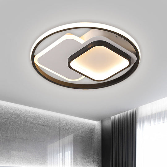 Nordic LED Aluminum Flush Mount Ceiling Fixture - Black Circle and Square Design, Warm/White Light, 16.5"/20.5" W