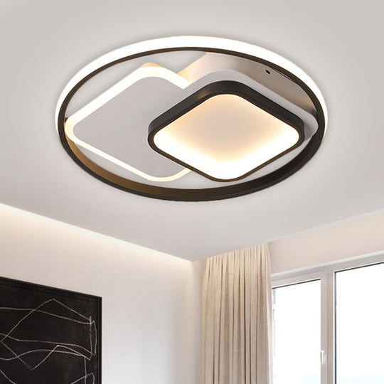 Nordic LED Aluminum Flush Mount Ceiling Fixture - Black Circle and Square Design, Warm/White Light, 16.5"/20.5" W