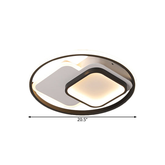 Nordic LED Aluminum Flush Mount Ceiling Fixture - Black Circle and Square Design, Warm/White Light, 16.5"/20.5" W