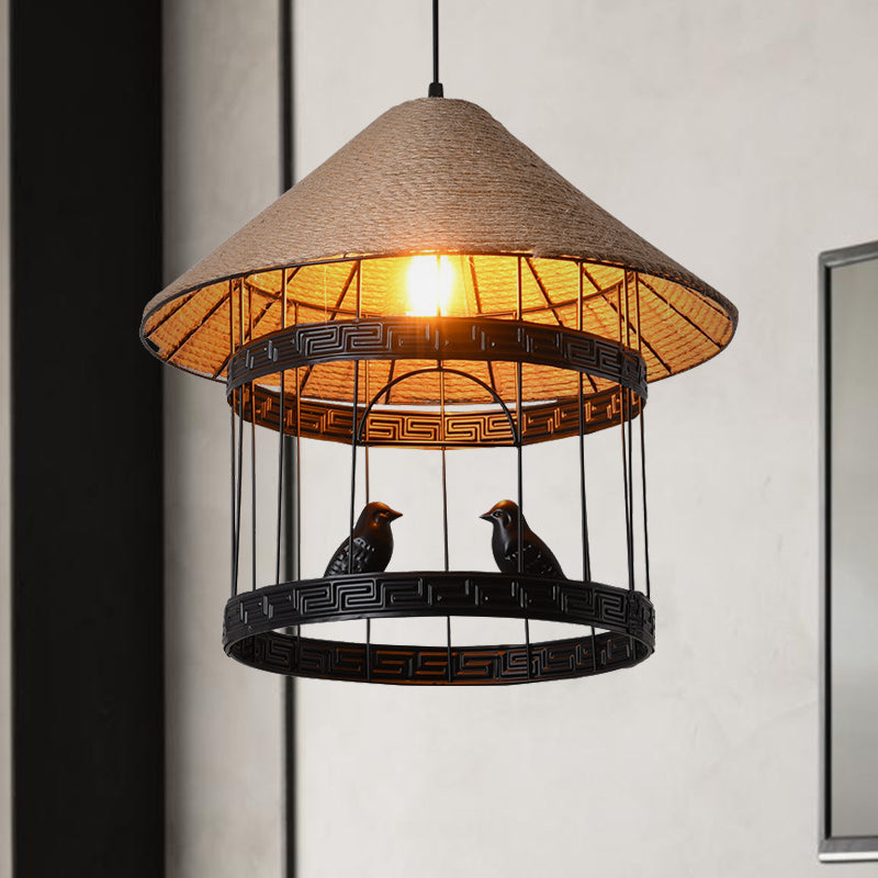 Metallic Black Bird Cage Hanging Lamp: Antique Drop Pendant With Rope Shade