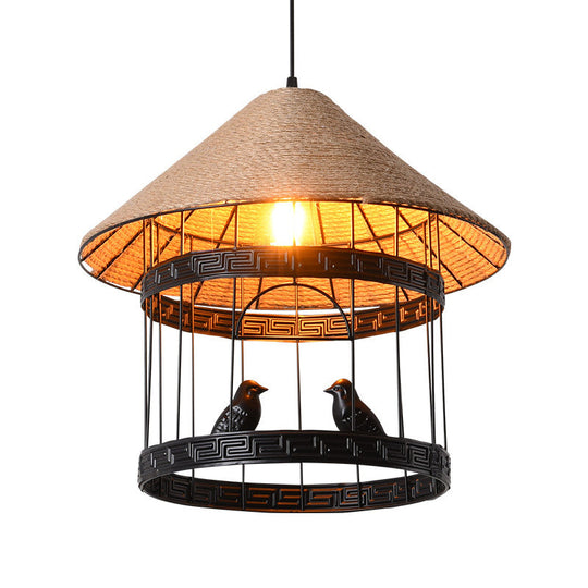 Antique Metallic Black Bird Cage Pendant Lamp with Conical Rope Shade