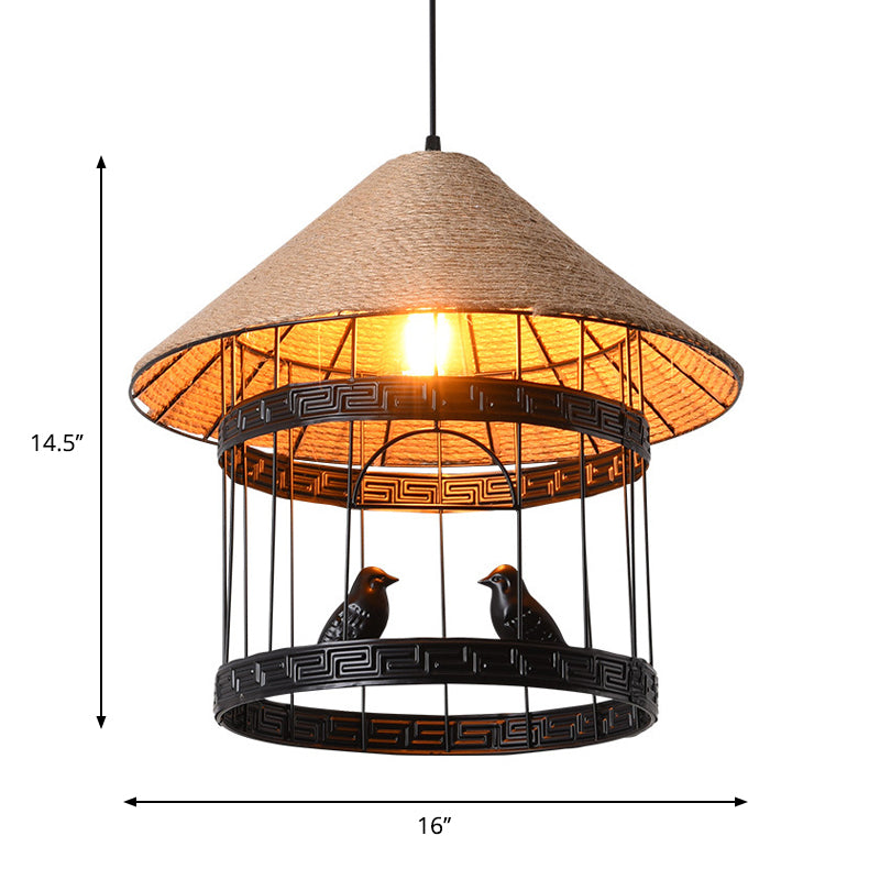 Antique Metallic Black Bird Cage Pendant Lamp with Conical Rope Shade