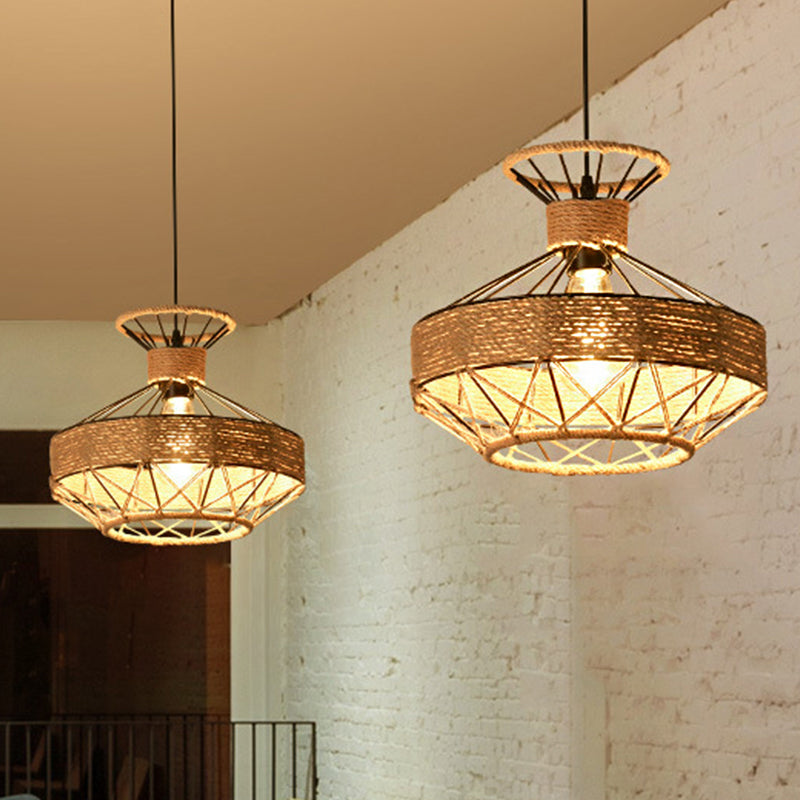 Beige Traditional Rope 1-Light Suspension Lamp: Grenade Cage Design for Dining Hall Ceiling Lighting