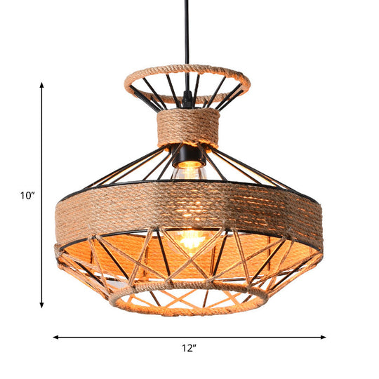 Beige Traditional Rope 1-Light Suspension Lamp: Grenade Cage Design for Dining Hall Ceiling Lighting