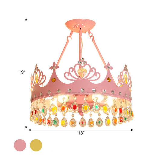 Modern Metal Crown Chandelier - 5-Light Pink/Gold Nursery Hanging Light Fixture