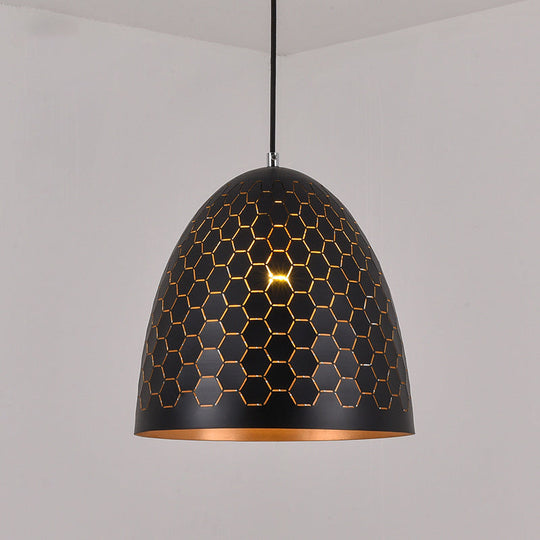 Factory Black Metal Suspension Light With Honeycomb Pattern 1 Bulb Domed Drop Pendant 10/12/16 Wide