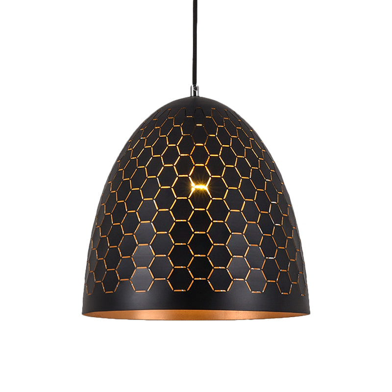 Factory Black Metal Suspension Light With Honeycomb Pattern 1 Bulb Domed Drop Pendant 10/12/16 Wide