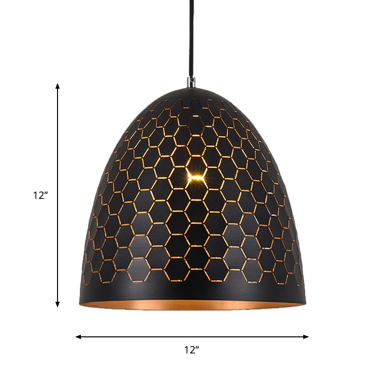 Domed Drop Pendant Light - Factory Black Metal Suspension with Honeycomb Pattern, 10"/12"/16" Wide