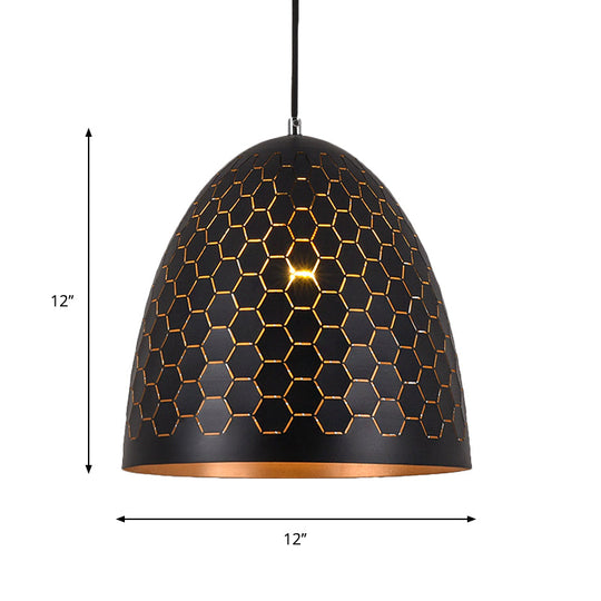 Factory Black Metal Suspension Light With Honeycomb Pattern 1 Bulb Domed Drop Pendant 10/12/16 Wide