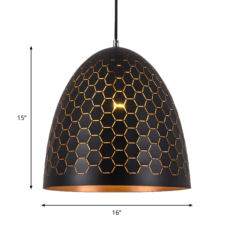 Factory Black Metal Suspension Light With Honeycomb Pattern 1 Bulb Domed Drop Pendant 10/12/16 Wide