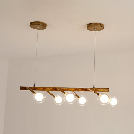 Industrial Wooden Chandelier Branching Drop Pendant 6/8 Head Brown With Modo Clear Glass Shade For