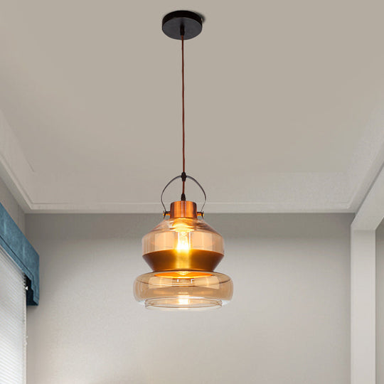 Amber Glass Pendant Single Head Ceiling Light for Dining Hall | Loft Gourd/Schoolhouse/Mushroom Design