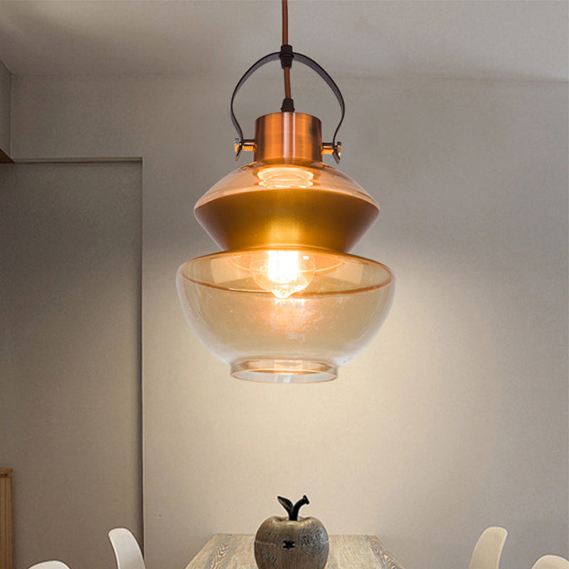 Amber Glass Pendant Single Head Ceiling Lighting For Dining Hall - Loft Gourd/Schoolhouse/Mushroom