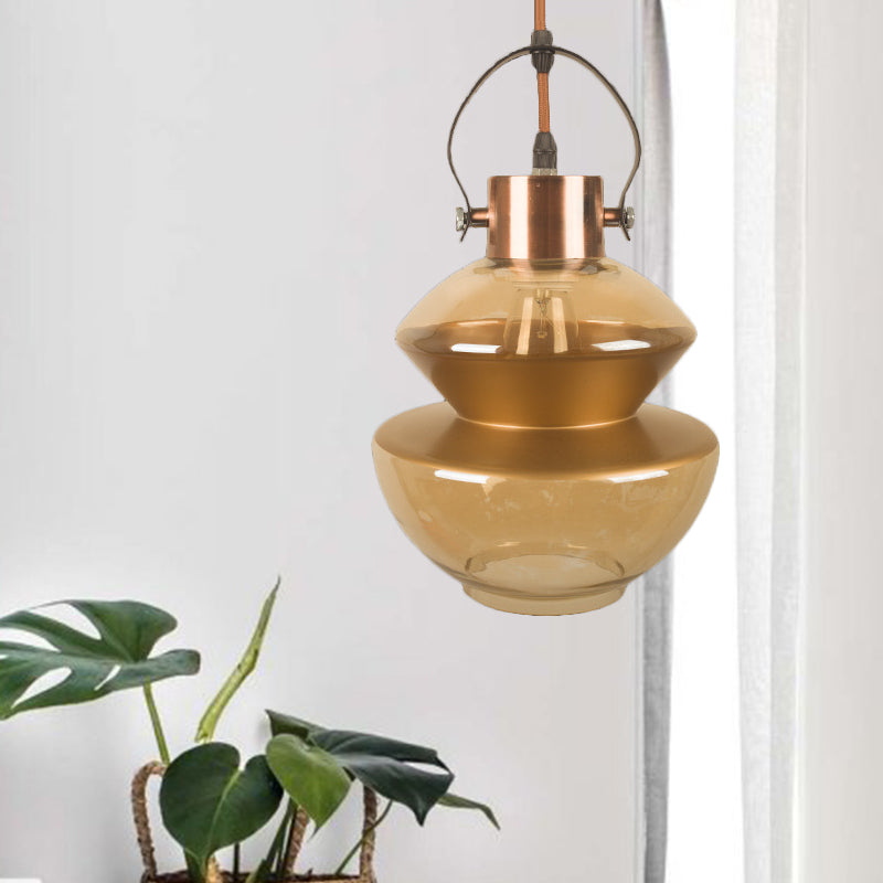 Amber Glass Pendant Single Head Ceiling Lighting For Dining Hall - Loft Gourd/Schoolhouse/Mushroom