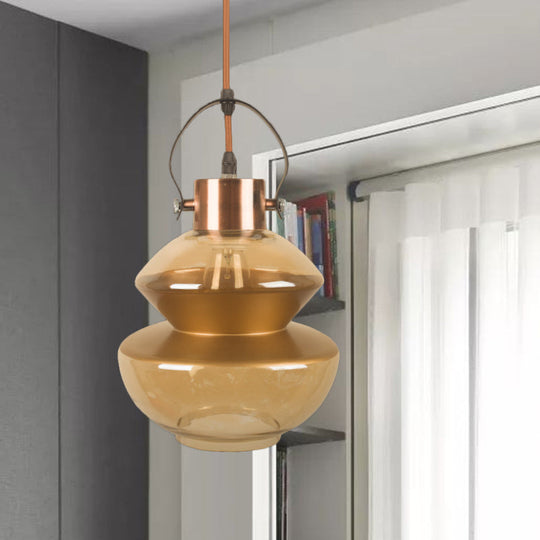 Amber Glass Pendant Single Head Ceiling Light for Dining Hall | Loft Gourd/Schoolhouse/Mushroom Design