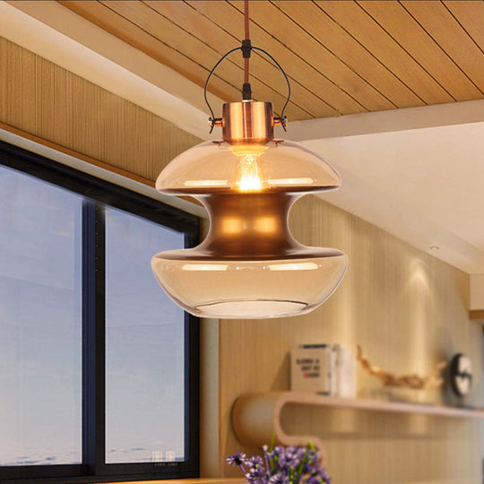 Amber Glass Pendant Single Head Ceiling Light for Dining Hall | Loft Gourd/Schoolhouse/Mushroom Design