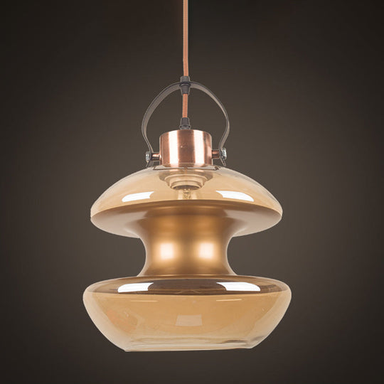 Amber Glass Pendant Single Head Ceiling Lighting For Dining Hall - Loft Gourd/Schoolhouse/Mushroom