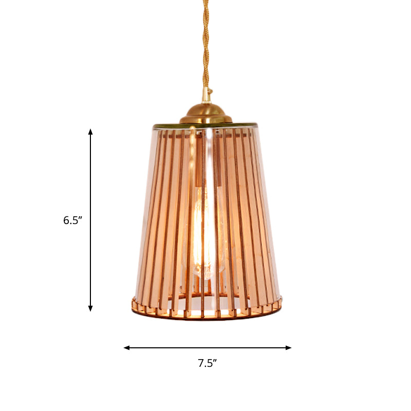 Farmhouse Style Gold Pendant Lamp With Amber Glass Cone And Stranded Rope