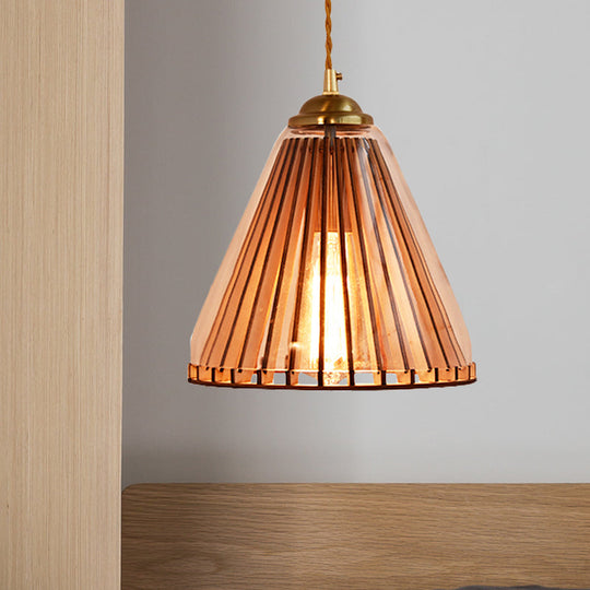 Farmhouse Gold Pendulum Light with Amber Glass Cone/Barrel Shade and Stranded Rope Pendant